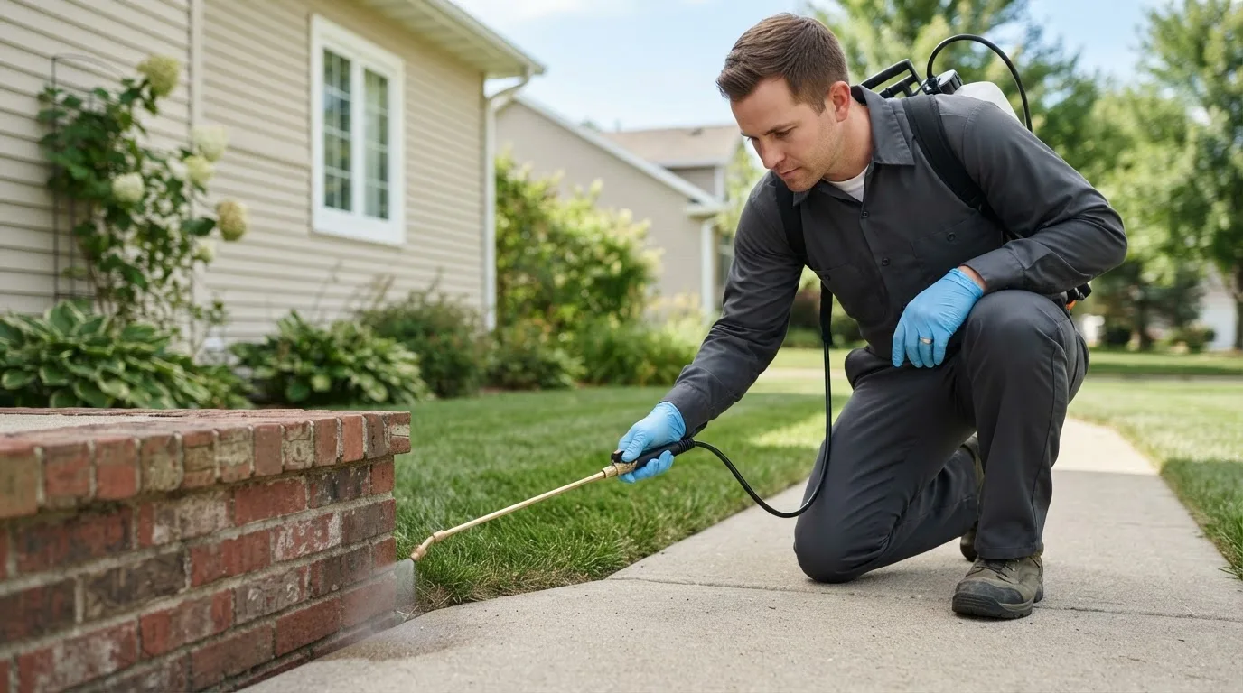 Pest control technician treating a home near Atlantic, IA