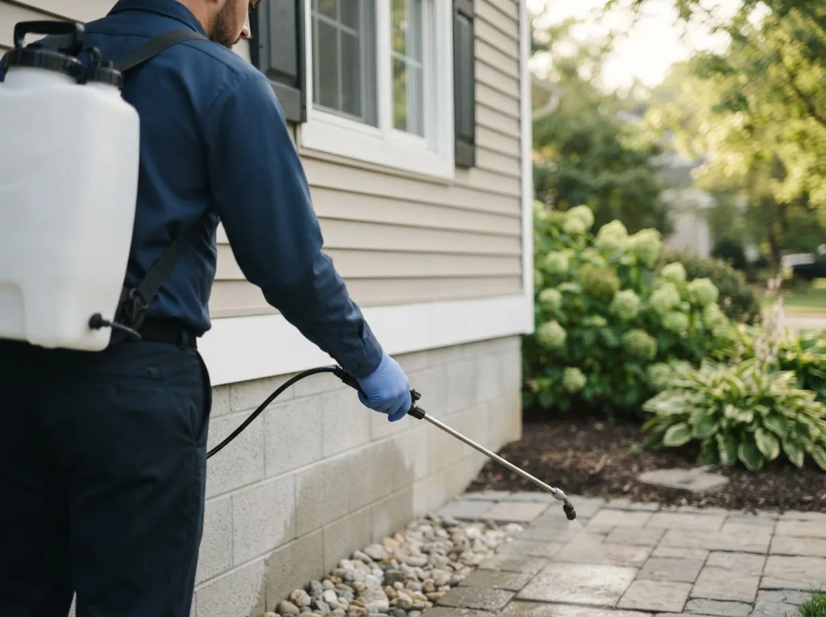 Pest control technician inspecting a home in Atlantic, IA